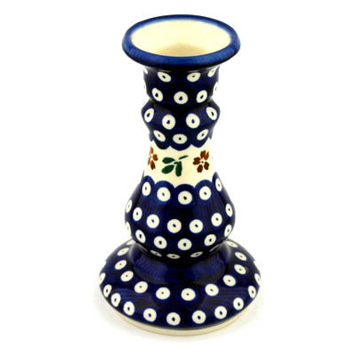 Polish Pottery Candle Holder 7&quot; Red Daisy Peacock