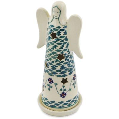 Polish Pottery Candle Holder 8&quot; Lucky Blue Clover