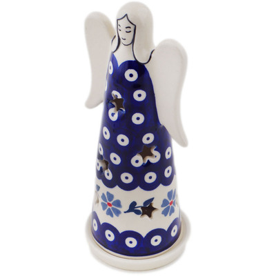 Polish Pottery Candle Holder 8&quot; Peacock Forget-me-not
