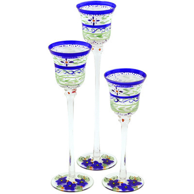 Glass Candle Holder Set 12&quot; Blue Floral