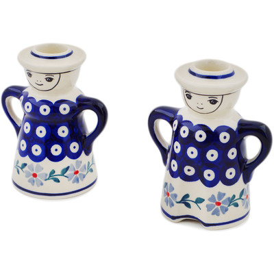 Polish Pottery Candle Holder Set 5&quot; Peacock Forget-me-not