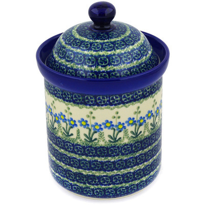 Polish Pottery Canister 8&quot; Blue Daisy Circle