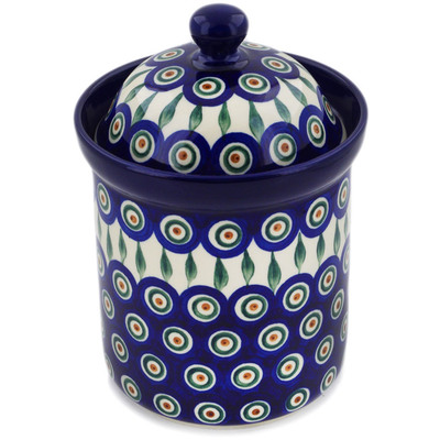 Polish Pottery Canister 8&quot; Peacock Leaves