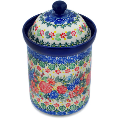 Polish Pottery Canister 9&quot; Red Bouquet UNIKAT