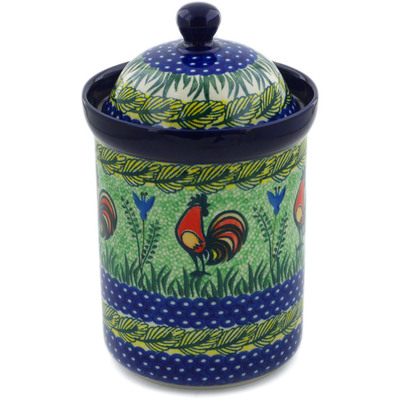 Polish Pottery Canister 9&quot; Rooster Parade UNIKAT