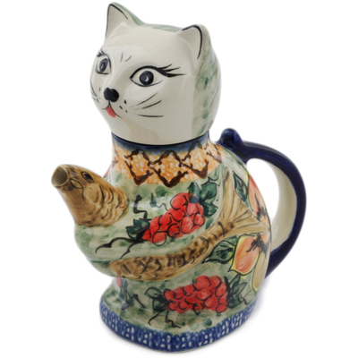 Polish Pottery Cat and Fish Creamer 17 oz Colorful Bouquet UNIKAT