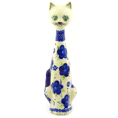 Polish Pottery Cat Figurine 10&quot; Bleu-belle Fleur