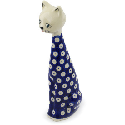 Polish Pottery Cat Figurine 10&quot; Blue Eyed Peacock