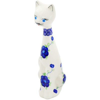 Polish Pottery Cat Figurine 10&quot; Blue Poppies