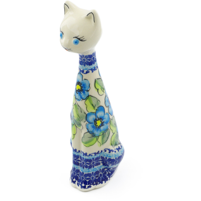 Polish Pottery Cat Figurine 10&quot; Bold Blue Poppies UNIKAT