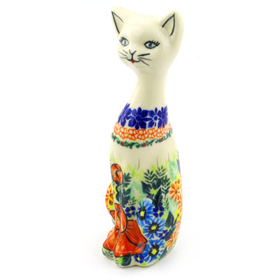Polish Pottery Cat Figurine 10&quot; Bold Poppies UNIKAT