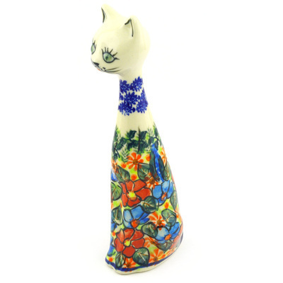 Polish Pottery Cat Figurine 10&quot; Bold Poppies UNIKAT
