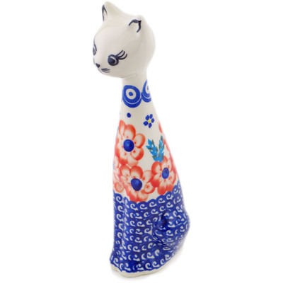 Polish Pottery Cat Figurine 10&quot; Flower Star