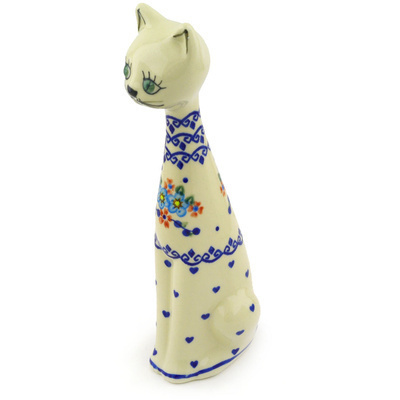 Polish Pottery Cat Figurine 10&quot; Hearts And Flowers