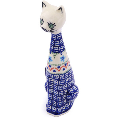 Polish Pottery Cat Figurine 10&quot; Little Blue Flowers