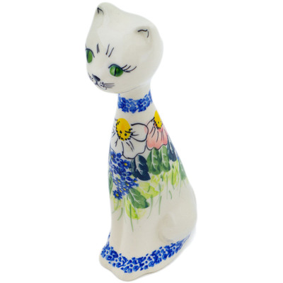 Polish Pottery Cat Figurine 10&quot; Maroon Blossoms