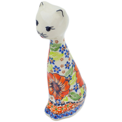 Polish Pottery Cat Figurine 10&quot; Orange Zinnia UNIKAT