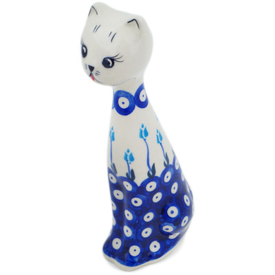 Polish Pottery Cat Figurine 10&quot; Peacock Tulip Garden