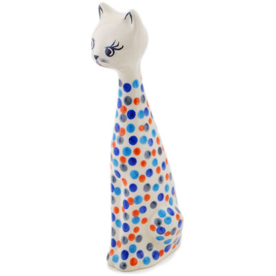Polish Pottery Cat Figurine 10&quot; Polka Dot Frenzy