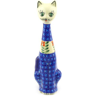 Polish Pottery Cat Figurine 10&quot; Red Berries