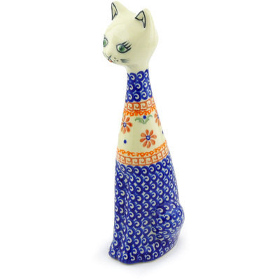 Polish Pottery Cat Figurine 10&quot; Red Daisy