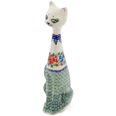 Polish Pottery Cat Figurine 10&quot; Ring Of Flowers UNIKAT