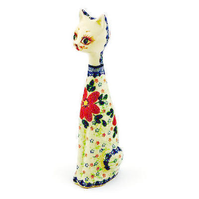 Polish Pottery Cat Figurine 10&quot; Snow Coral Zinnias UNIKAT
