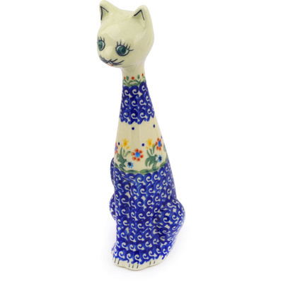 Polish Pottery Cat Figurine 10&quot; Spring Flowers