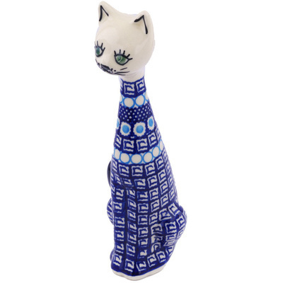Polish Pottery Cat Figurine 10&quot; Tribal Blue