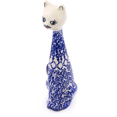 Polish Pottery Cat Figurine 10&quot; Winter Blue