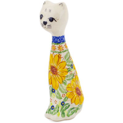 Polish Pottery Cat Figurine 10&quot; Yellow Petal Bliss UNIKAT