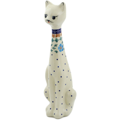 Polish Pottery Cat Figurine 11&quot; Blue Cornflower