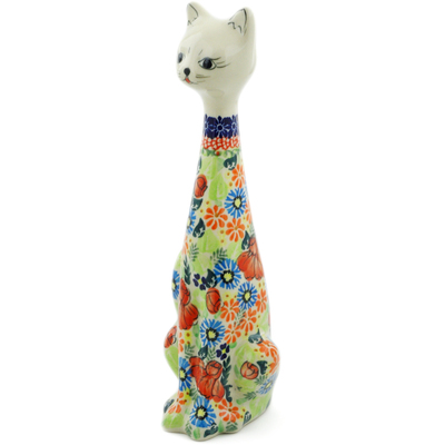 Polish Pottery Cat Figurine 11&quot; Bold Poppies UNIKAT