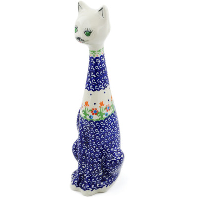 Polish Pottery Cat Figurine 11&quot; Spring Flowers