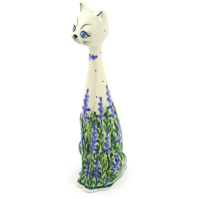 Polish Pottery Cat Figurine 12&quot; Bluebonnet Fields
