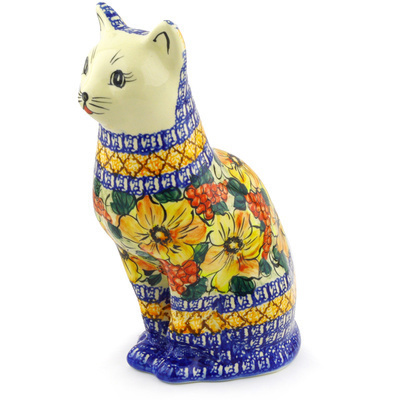 Polish Pottery Cat Figurine 12&quot; Colorful Bouquet UNIKAT