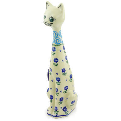 Polish Pottery Cat Figurine 13&quot; Blue Bursts