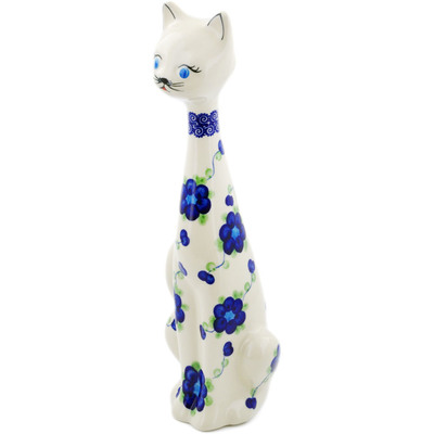 Polish Pottery Cat Figurine 13&quot; Blue Poppies