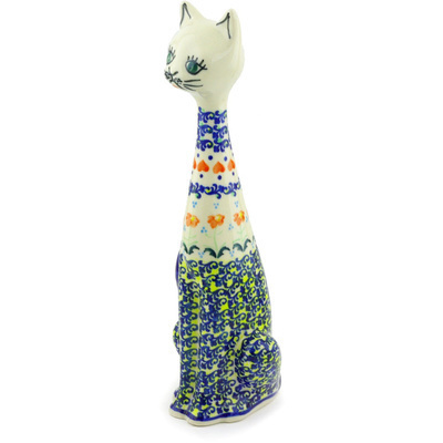 Polish Pottery Cat Figurine 13&quot; Circle Of Hearts