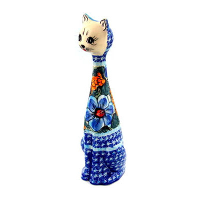 Polish Pottery Cat Figurine 13&quot; Corn In The Blue UNIKAT