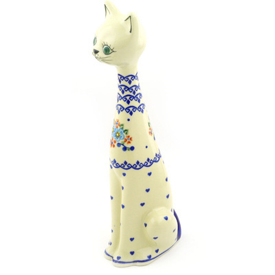 Polish Pottery Cat Figurine 13&quot; Hearts And Flowers