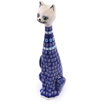 Polish Pottery Cat Figurine 13&quot; Tribal Blue