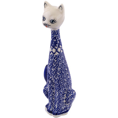 Polish Pottery Cat Figurine 13&quot; Winter Blue