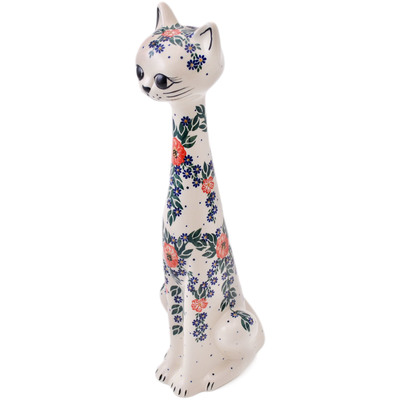 Polish Pottery Cat Figurine 17&quot; Pop Of Red UNIKAT