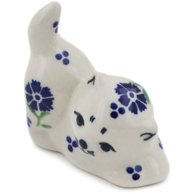 Polish Pottery Cat Figurine 2&quot; Blue Bursts