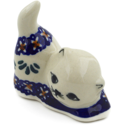 Polish Pottery Cat Figurine 2&quot; Blue Cress UNIKAT