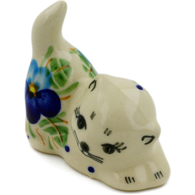 Polish Pottery Cat Figurine 2&quot; Blue Pansy