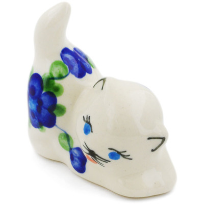 Polish Pottery Cat Figurine 2&quot; Blue Poppies