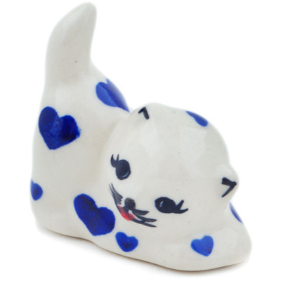 Polish Pottery Cat Figurine 2&quot; Blue Valentine Hearts