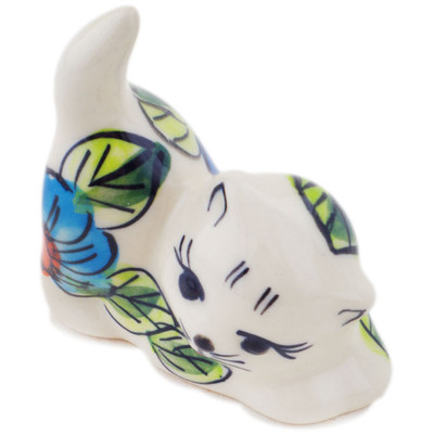 Polish Pottery Cat Figurine 2&quot; Bold Blue Poppies UNIKAT